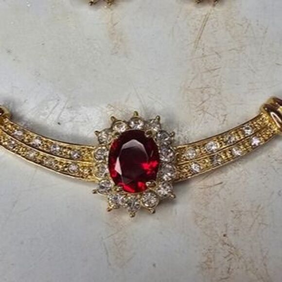 Gold Tone Red and Clear Glass Stone Formal Jewelry Set 16"L - Picture 2 of 7